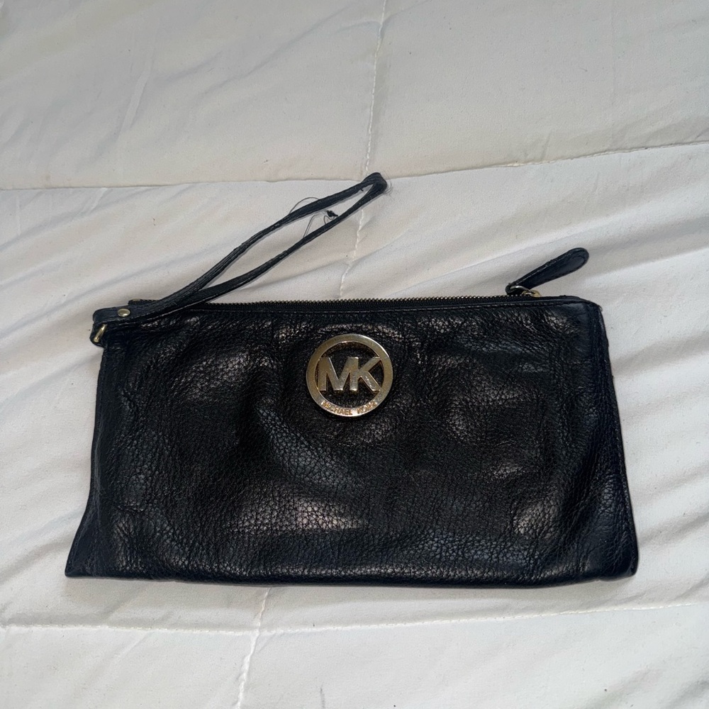Michael Kors Black Leather Clutch with Gold Logo